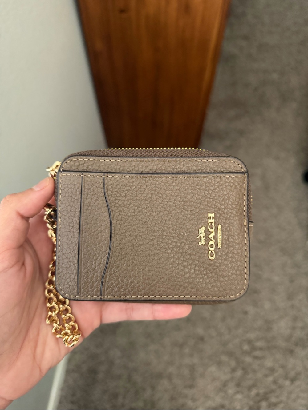 Coach Taupe Pebbled Leather Card Case with Gold Chain